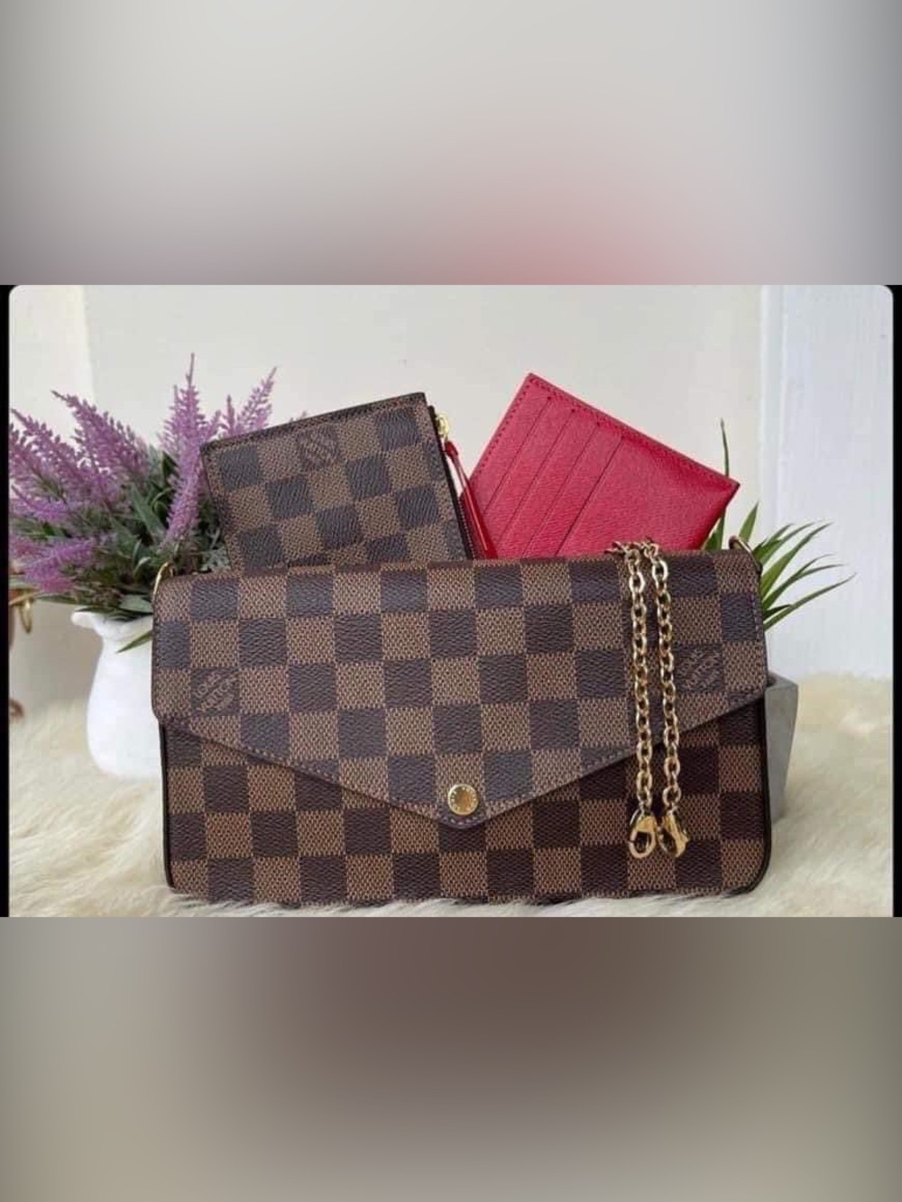 Brown Checkered Envelope Crossbody Bag with Red Card Wallet
